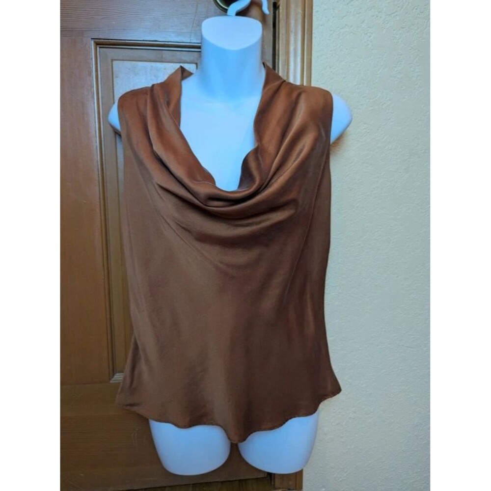 Silk Cowl Neck Sleeveless Top in Copper Brown Size M